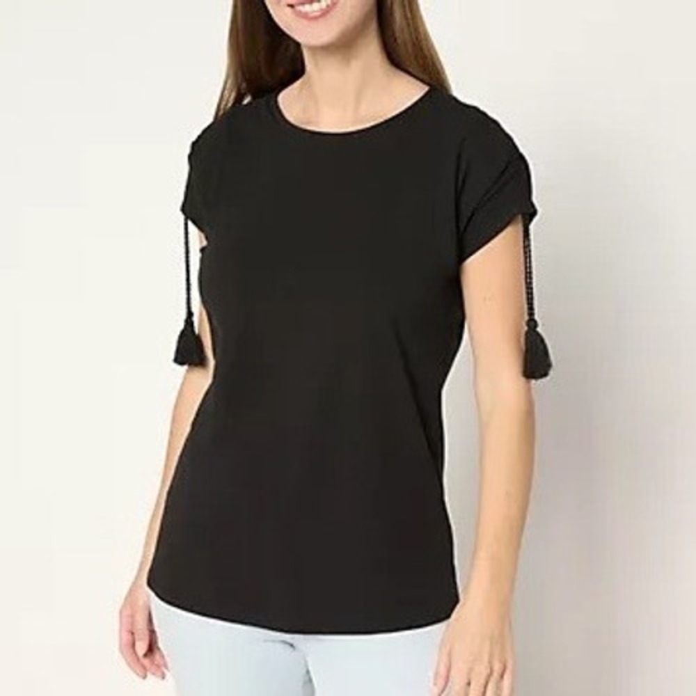 Belle Beach Kim Gravel Large Black Slub Knit Ruched Sleeve Top Tassels A688227